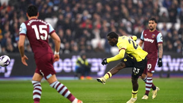 Burnley no.23 David Datro Fofana pictured scoring from long range against West Ham in March 2024